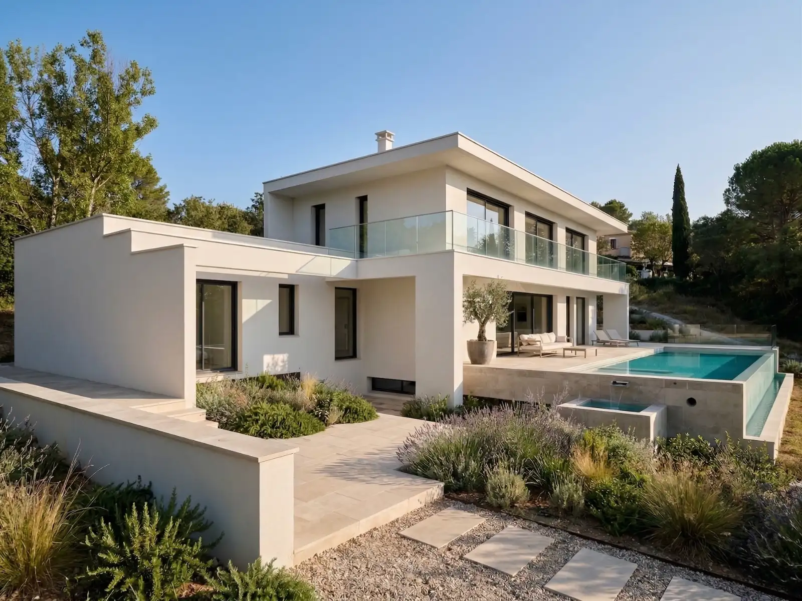 Construction of a contemporary villa in Montferrier-sur-Lez with walkways, infinity pool, architect Montpellier LEWISA home